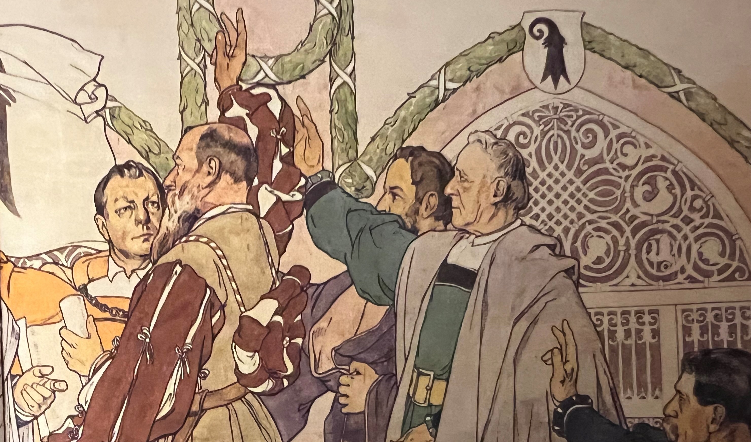 Ein Wandbild im Grossratssaal zeigt den Bundesschwur von 1501 zwischen der Eidgenossenschaft und dem Stand Basel.